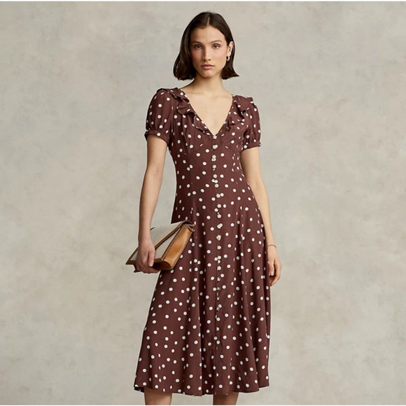 Polo Ralph Lauren Vivian Ruffled Polka Dot Crepe Midi Dress Size 4 Brown White